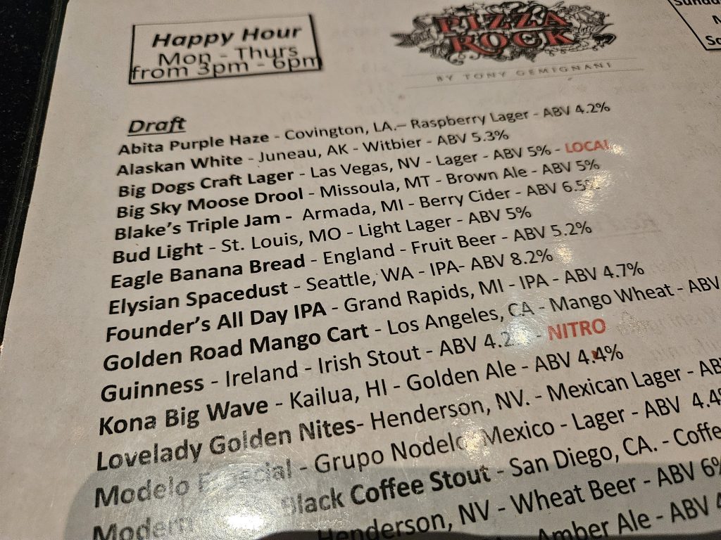 Bild der Bierkarte bei Pizza Rock!